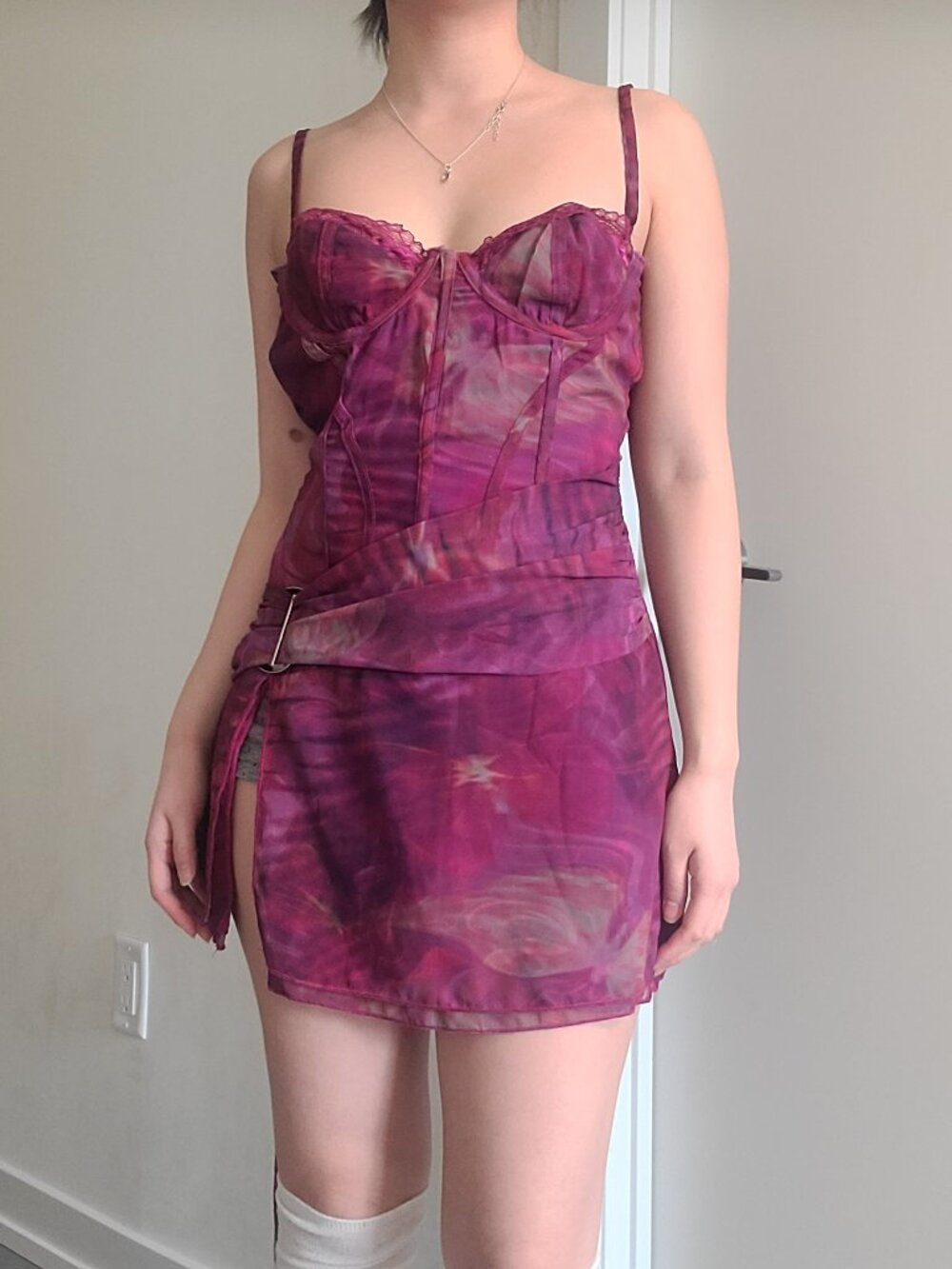 Outcast Bodycon Purple Belt Tie-Dye Lace Corset Lace-Up Mini Dress